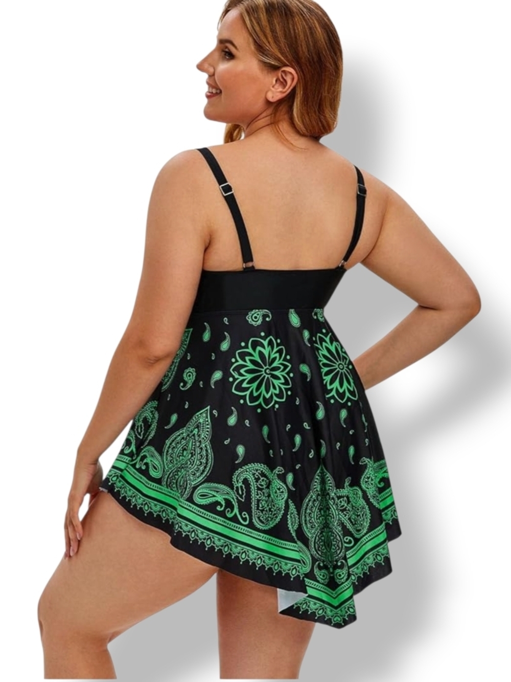 ROSE GAL - 1X Black & Green Paisley Handkerchief  Swimdress - Picture 2 of 10